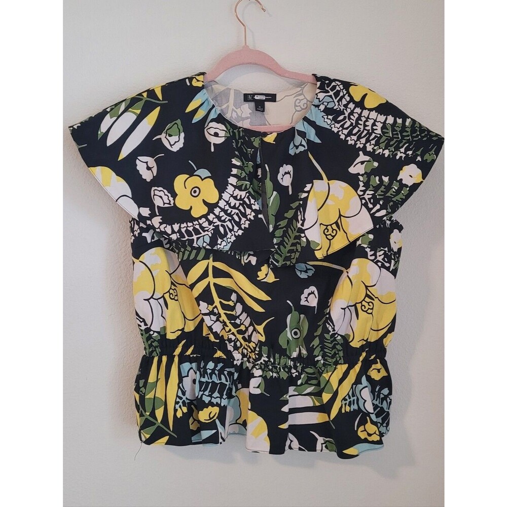 INC International Concepts Floral Statement Collar Peplum Top XL Black Yellow